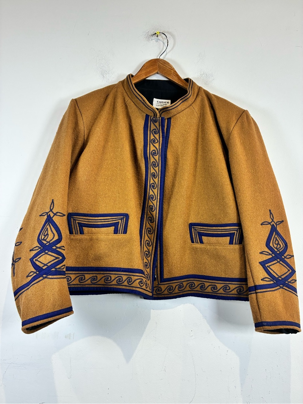 Choices Camel Embroidered Wool Blend Jacket with Navy Trim, Size M